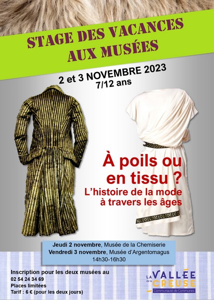 Jeudi 2 et vendredi 3 novembre, stage des vacances “A poils ou en tissu ? L’histoire de la mode à travers les âges”